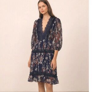 Dark Pink London Floral Mini Dress Women Size 8 Navy Blue Excellent Lace Fringe